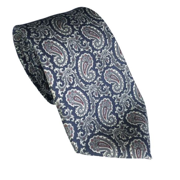 Vintage Oscar de la Renta Couture Tie Nay Blue Paisley Geometric Print Retro - Picture 1 of 6